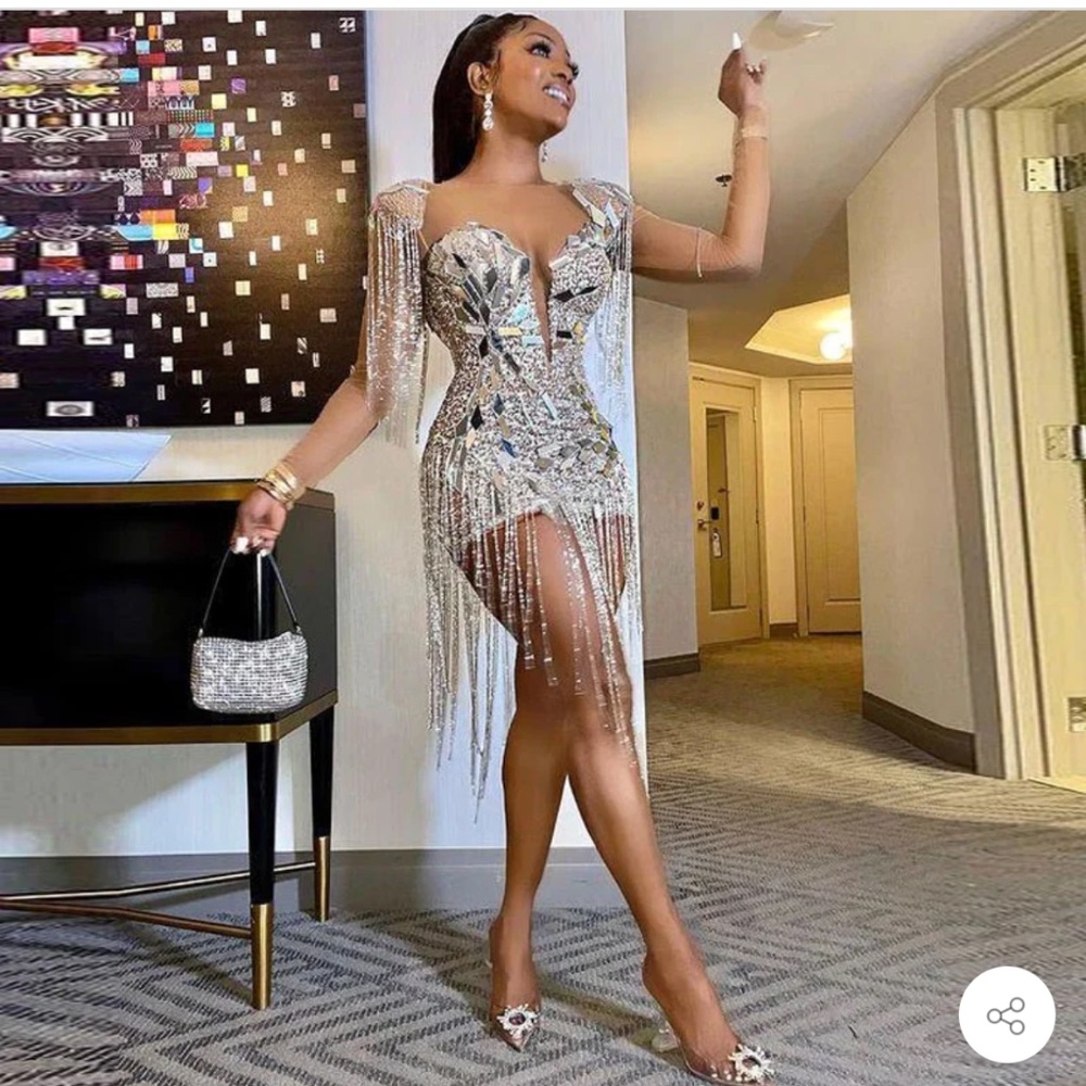 LUXURY CRYSTAL FRINGE PADDED EPAULET MIRROR SEQUIN MINI PARTY DRESS